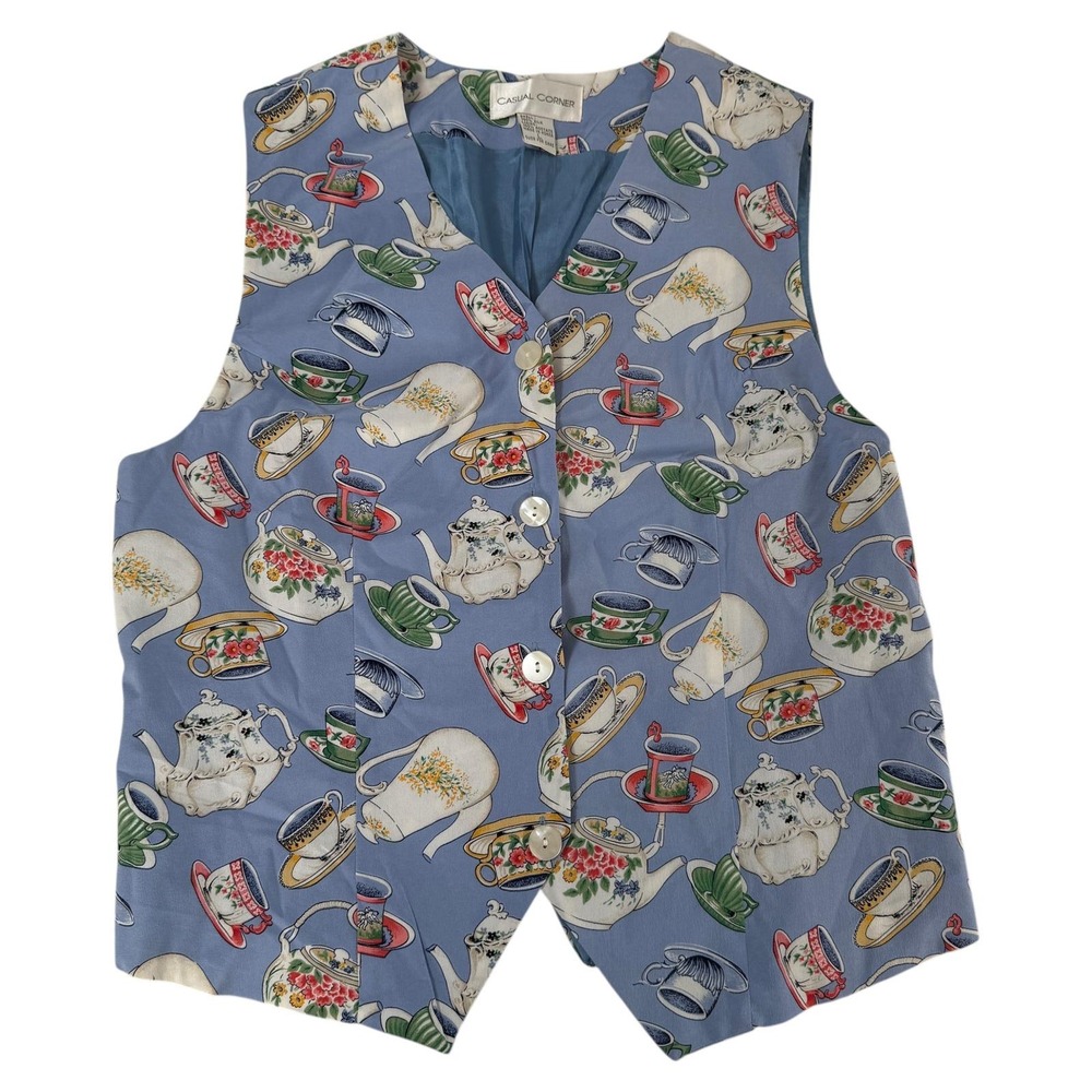 Vintage Casual Corner Women's Silk Tea Cup Teapot Print Vest Blue Size S Cottage
